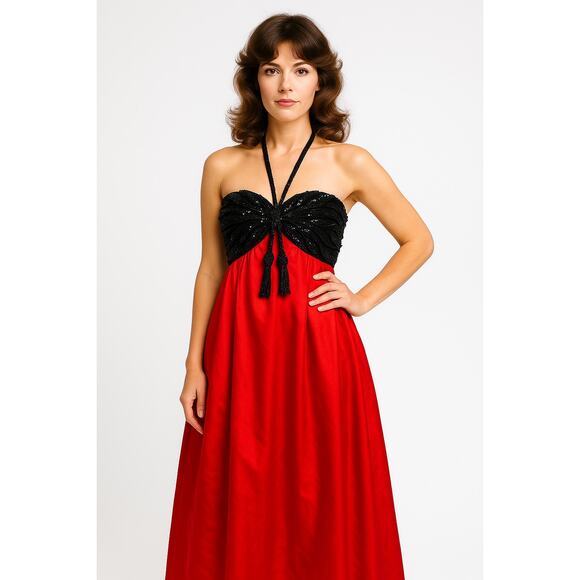Vintage Victoria Royal Hong Kong Beaded Halter Gown Red Black Tassel Dress  Small - threedaughtersproperties.com
